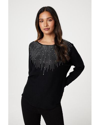 Izabel London Embellished Front Knit Jumper - Black