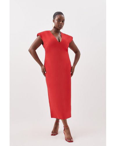 Karen Millen Plus Size Figure Form Bandage Knit Shoulder Detail Midaxi Dress - Red