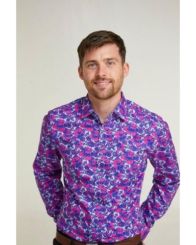 Double Two Tailored Fit Pink Rose Floral Print Long Sleeve Formal Shirt - Purple