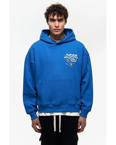Good For Nothing Oversized Cotton Blend Printed Hoodie - Blue