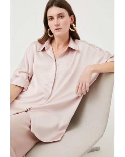Karen Millen Satin Button Down Tunic Woven Shirt - Natural