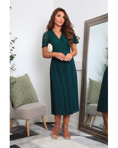 Double Second Green Fixed Wrap Lace Pleated Dress