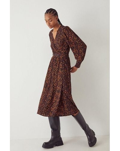 Warehouse Woven Animal Midi Wrap Dress - Brown