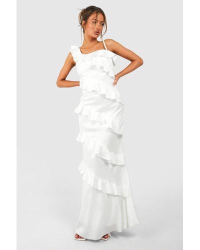Boohoo Satin Ruffle Asymmetric Maxi Dress - White