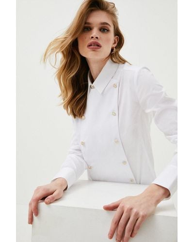 Karen Millen Cotton Stretch Bib Detail Woven Shirt - White