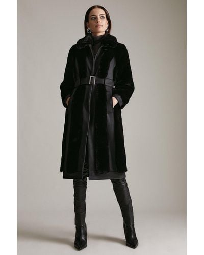 Karen Millen Petite Faux Fur Pu Mix Belted Coat - Black