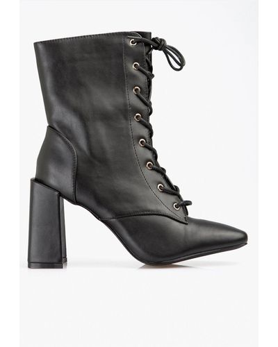 Krisp Square Heel Lace Up Ankle Boots - Black