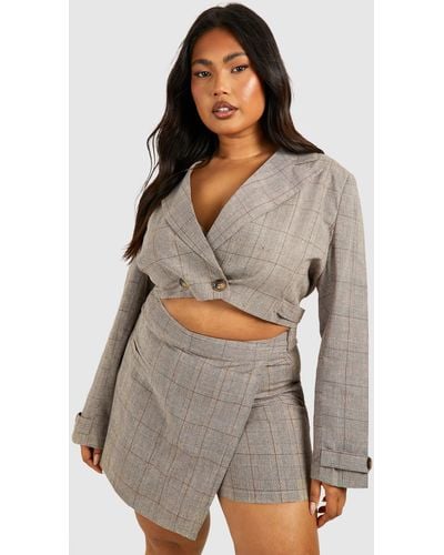 Boohoo Plus Linen Look Mini Flannel Boxy Crop Blazer - Grey