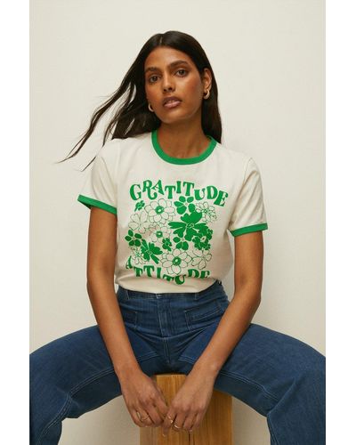 Oasis Gratitude Attitude Printed Ringer T-shirt - Green