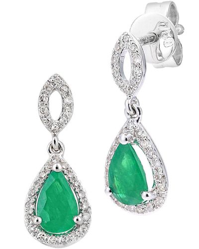 Jewelco London 18ct White Gold Diamond Pear 3/4ct Emerald Cluster Drop Earrings - De1axl610w18em - Green