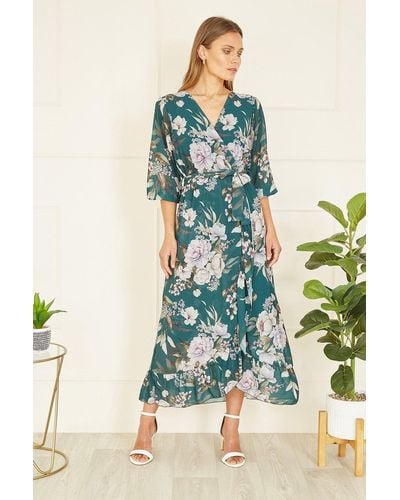 Yumi' Teal Floral Wrap Midi Dress With Frill - Blue
