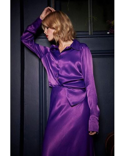 ANOTHER SUNDAY Long Sleeved Satin Shirt With Button Through Front In Purple