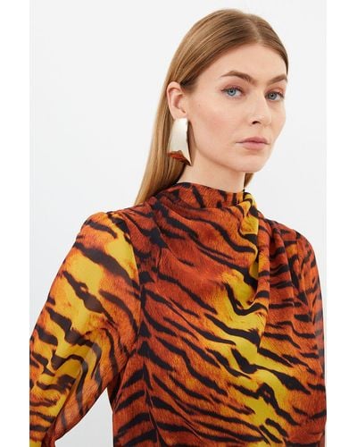 Karen Millen Wild Tiger Printed Georgette Woven Blouse - Orange