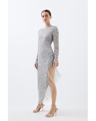 KarenMillen Petite Thigh High Split Embellished Fringed Woven Midi Dress - White