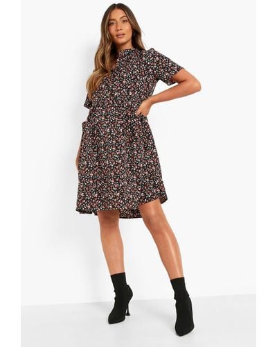 Boohoo Maternity Floral Button Front Smock Dress - Black