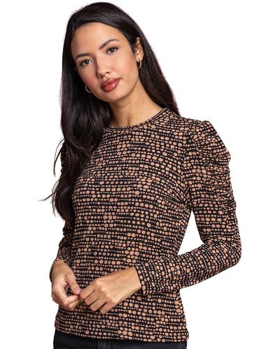 Roman Abstract Spot Gathered Sleeve Top - Brown
