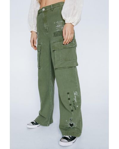 Nasty Gal Premium Embroidered Cargo Trousers - Green