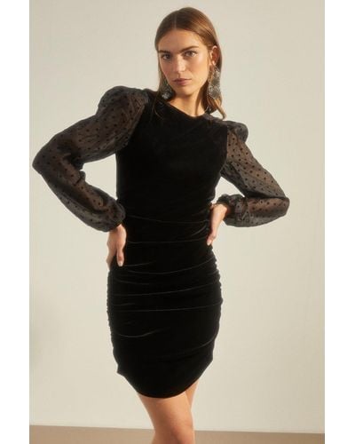 Oasis Dobby Mesh Sleeve Velvet Ruched Mini Dress - Black