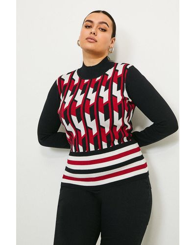 Karen Millen Curve Geo Stripe Knit Jumper - Red