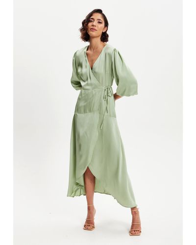 Liquorish Sage Green Midi Wrap Dress With Short Puff Sleeves