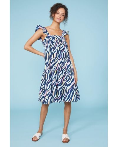 DEBENHAMS Bright Zebra Poplin Print Dress With Frill - Blue