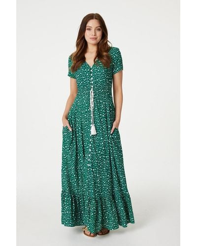 Izabel London Polka Dot Drawstring Maxi Dress - Green