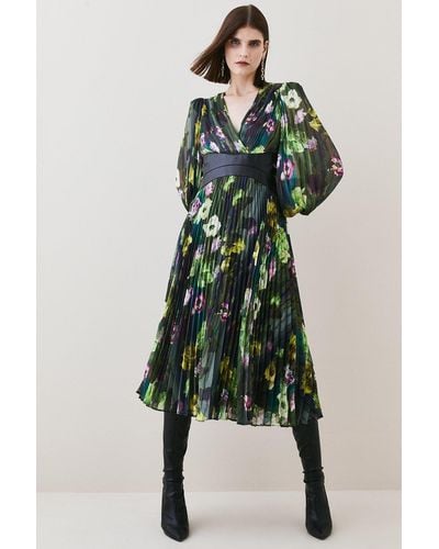 Karen Millen Floral Pleated Pu Woven Maxi Dress - Green