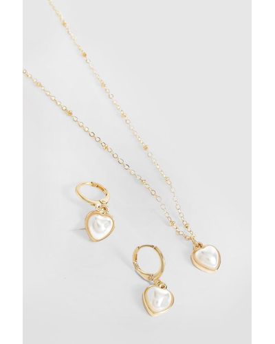Boohoo Pearl Heart Necklace And Earring Set - Natural