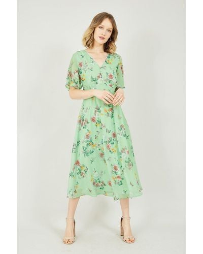 Yumi' Sage Green Blossom Butterfly Print Midi Dress