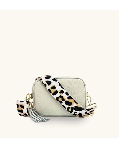 Apatchy London Light Grey Leather Crossbody Bag With Pale Pink Leopard Strap - White