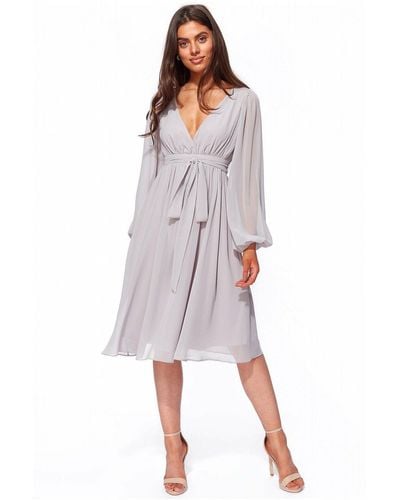 Goddiva Wrap Back Chiffon Midi Dress With Blouson Sleeve - Grey