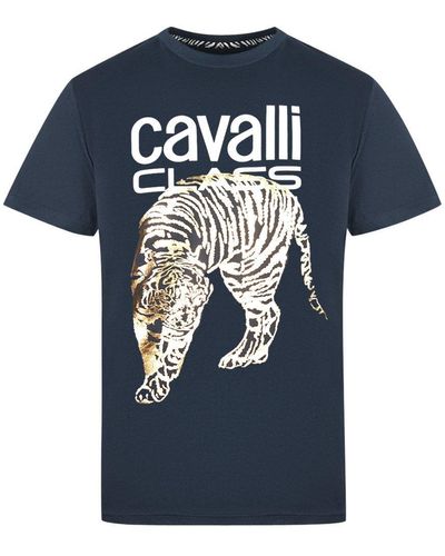 Class Roberto Cavalli Large Gold Tiger Stencil Logo Navy T-shirt - Blue