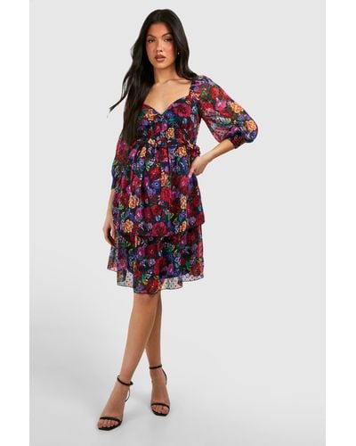 Boohoo Maternity Floral Dobby Puff Shoulder Mini Dress - Red