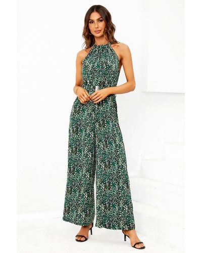 FS Collection Multi Colour Print Halter Neck Jumpsuit In Green