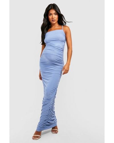 Boohoo Maternity Ruched Strappy Slinky Maxi Dress - Blue