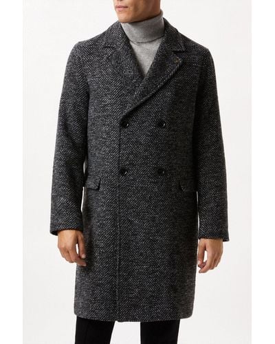 Burton Herringbone Wool Blend Double Breasted Overcoat - Black