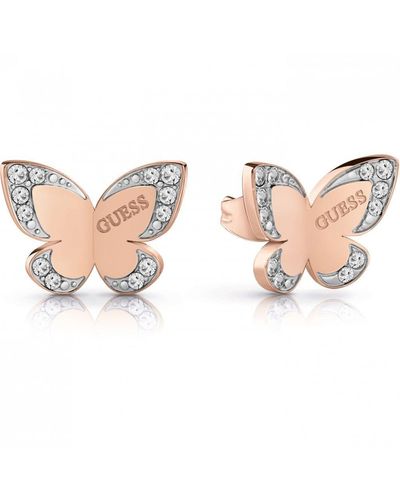 Guess Love Butterfly Rose Gold Studs Stainless Steel Earrings - Ube78012 - Pink