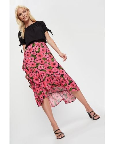 Dorothy Perkins Pink Floral Print Wrap Skirt - Red
