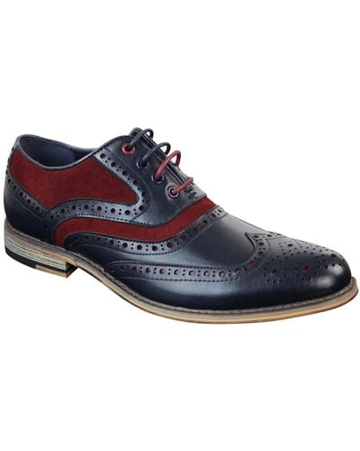 House Of Cavani Mens Classic Burgundy Suede Oxford Brogue Shoes In Navy Leather - Blue