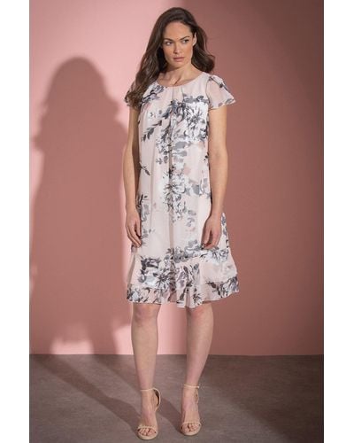Klass Floral Chiffon Short Sleeve Dress - Brown