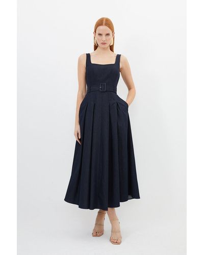 Karen Millen Tailored Denim Belted Full Skirted Tailored Midaxi Dress - Blue