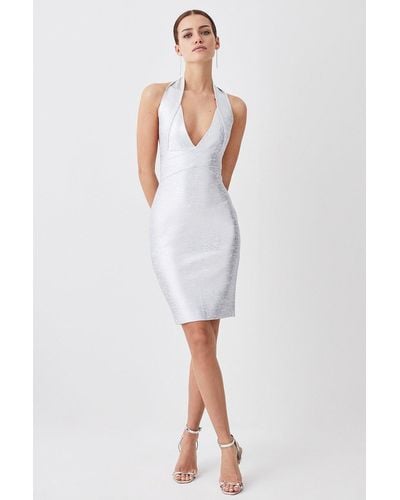 Karen Millen Petite Foiled Halter Neck Bandage Deep V Midi Dress - White