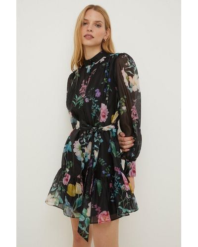 Oasis Floral Printed Organza Mini Shirt Dress - Multicolour