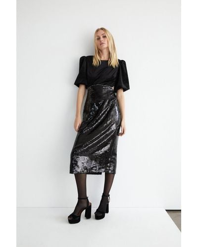 Warehouse Puff Sleeve Velvet & Sequin Pencil Dress - Black