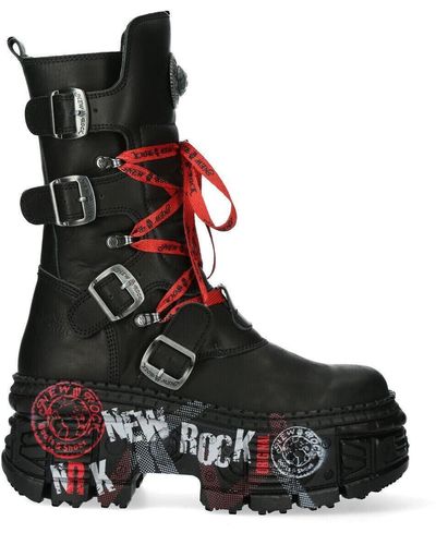 New Rock Mid Calf Punk Leather Boots-wall028b-c1 - Black