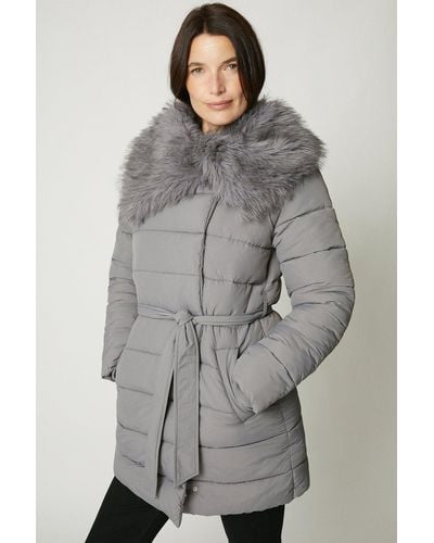 MAINE Puffer Faux Fur Collar Belted Coat - Grey