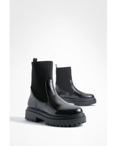 Boohoo Croc Chunky Sole Knitted Chelsea Boots - Black