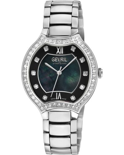 Gevril Lugano Swiss Diamond , Black Mop Dial,316l Stainless Steel Case, 316l Stainless Steel Bracelet . Swiss Quartz Watch - Metallic