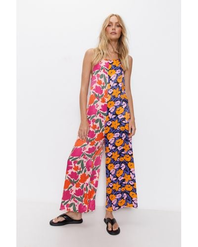 Warehouse Splice Bright Floral Strappy Jumpsuit - Red