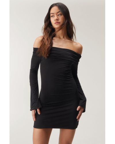 Nasty Gal Premium Slinky Fold Over Bardot Mini Dress - Black